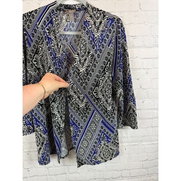 CHICO'S TRAVELERS black blue white gathered knit open front cardigan sweater 1 M - Picture 3 of 6